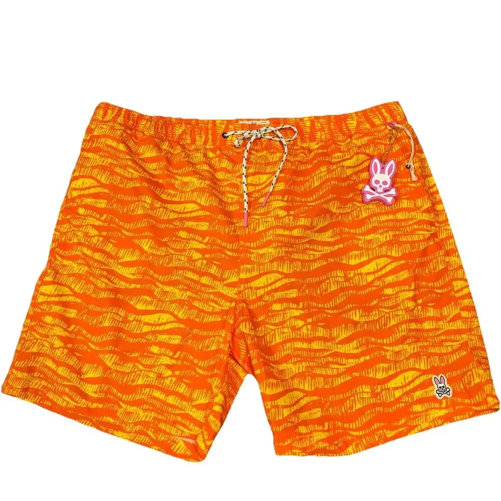 Psycho Bunny Neon Orange & Yellow Wavy XXXL Mischief Swim Trunks Lined NWOT 3XL